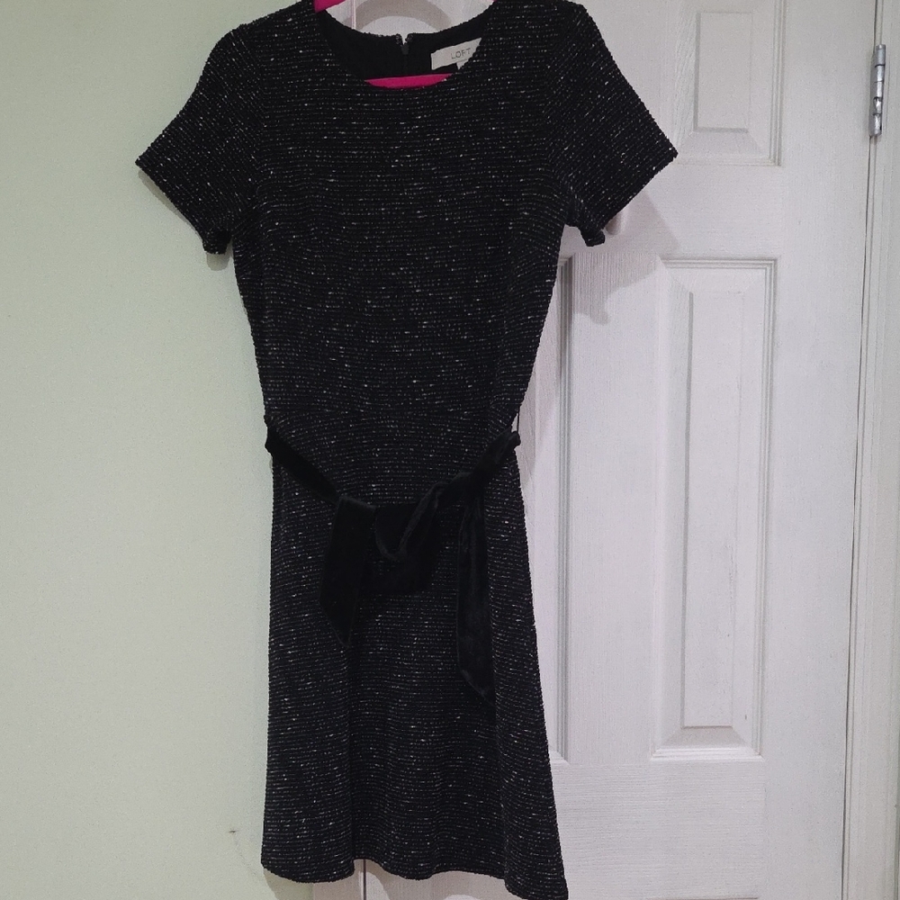 LOFT Black and White Textured Mini Dress with Tie